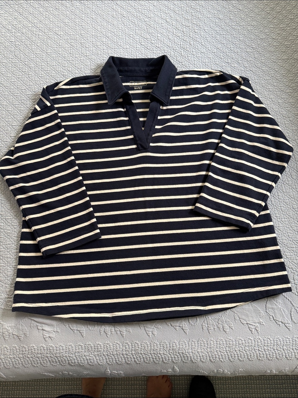 LLBean Navy & White Striped 100% Cotton Polo Shirt w. split neck and 3/4 sleeves